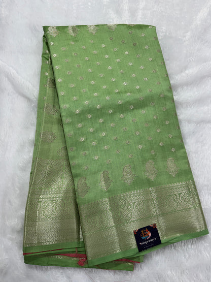 Pure Chiniya Silk Saree Sea Green Colored Elegantly Paired with a Gold Zari Border.