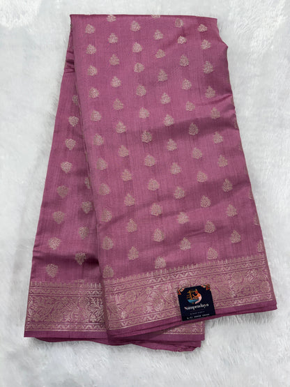 Pure Chiniya Silk Saree Baby Pink Colored Elegantly Paired with a Gold Zari Border.