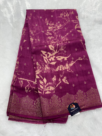 Pure Chiniya Silk Saree   Purple Colored Elegantly Paired with a Gold Zari Border.