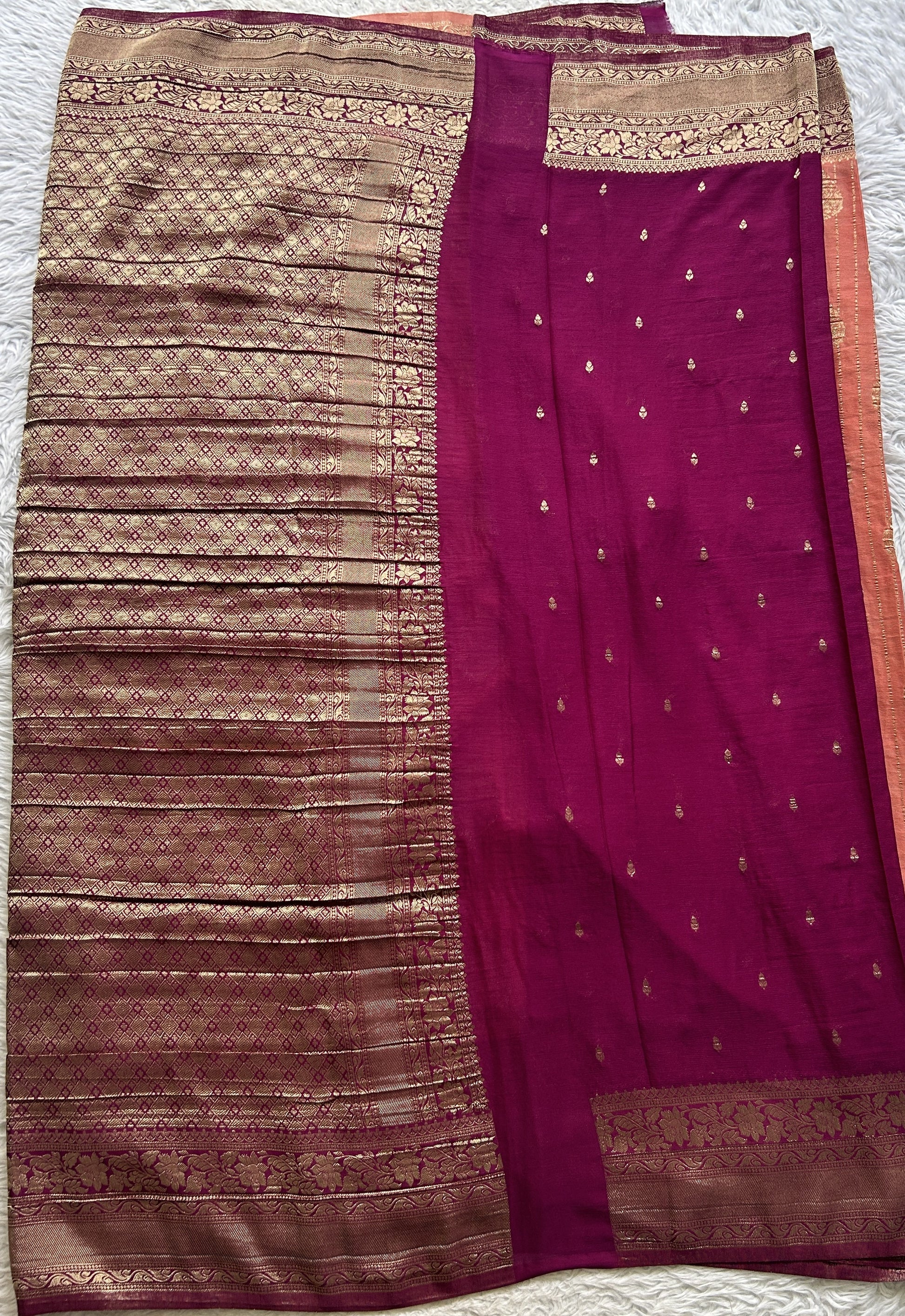 Semi Georgette Saree Dark Peach Colored Elegantly Paired with a Wine Color  Zari Border. - Sampradaya Designer Studio
