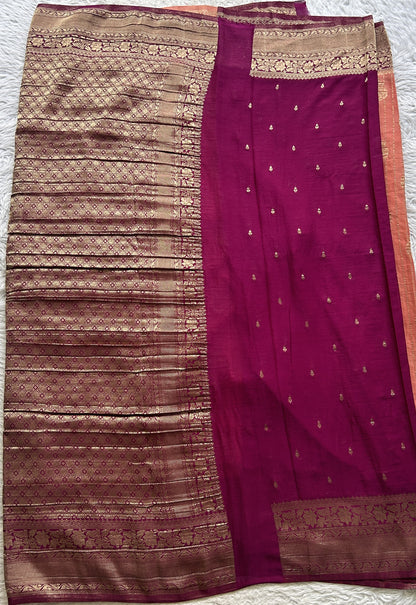 Semi Georgette Saree Dark Peach Colored Elegantly Paired with a Wine Color  Zari Border. - Sampradaya Designer Studio
