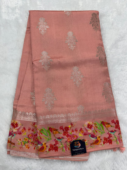 Pure Chiniya Silk Saree Peach Colored Elegantly Paired with a Gold Zari Border.
