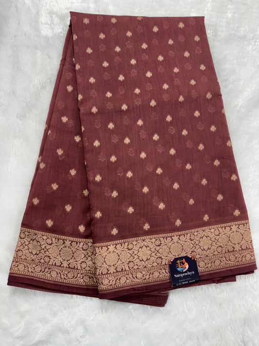 Pure Chiniya Silk Saree Walnut PColored Elegantly Paired with a Gold Zari Border.
