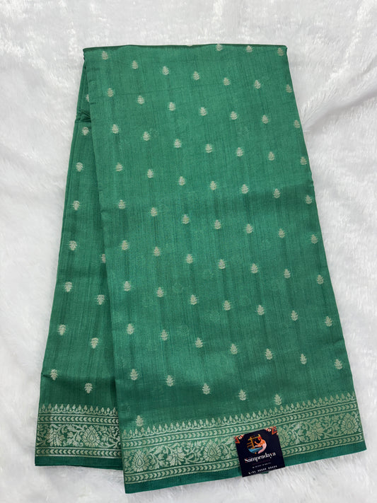 Pure Chiniya Silk Saree Sea Green Colored Elegantly Paired with a Gold Zari Border.