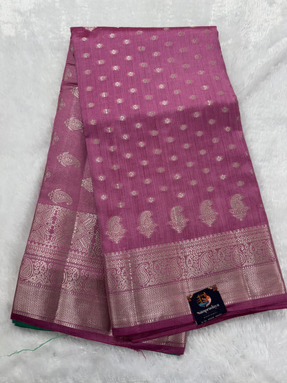 Pure Chiniya Silk Saree Baby Pink Colored Elegantly Paired with a Gold Zari Border.