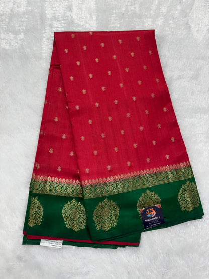 Pure Chiniya Silk Saree Red Colored Elegantly Paired with a Gold Zari Border.