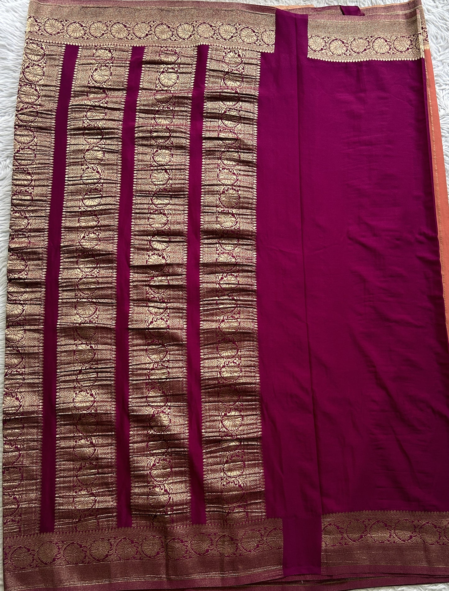 Semi Georgette Saree Peach Colored Elegantly Paired with a Zari Border. - Sampradaya Designer Studio