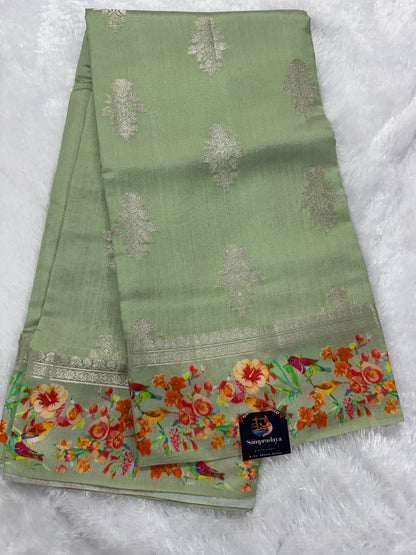 Pure Chiniya Silk Saree Sea Green Colored Elegantly Paired with a Gold Zari Border.