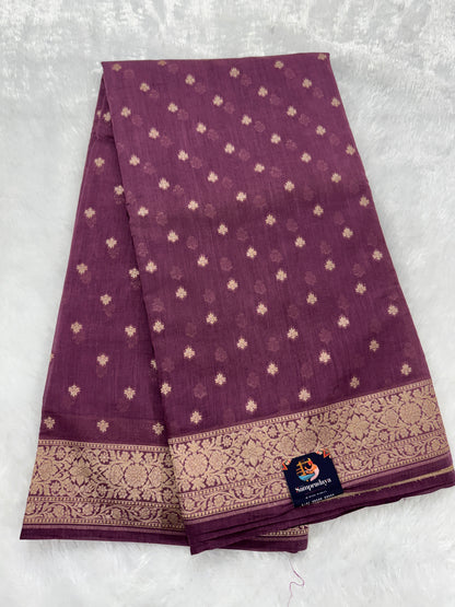 Pure Chiniya Silk Saree warm Plum Colored Elegantly Paired with a Gold Zari Border.