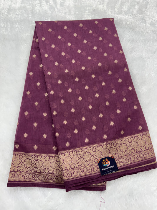 Pure Chiniya Silk Saree warm Plum Colored Elegantly Paired with a Gold Zari Border.