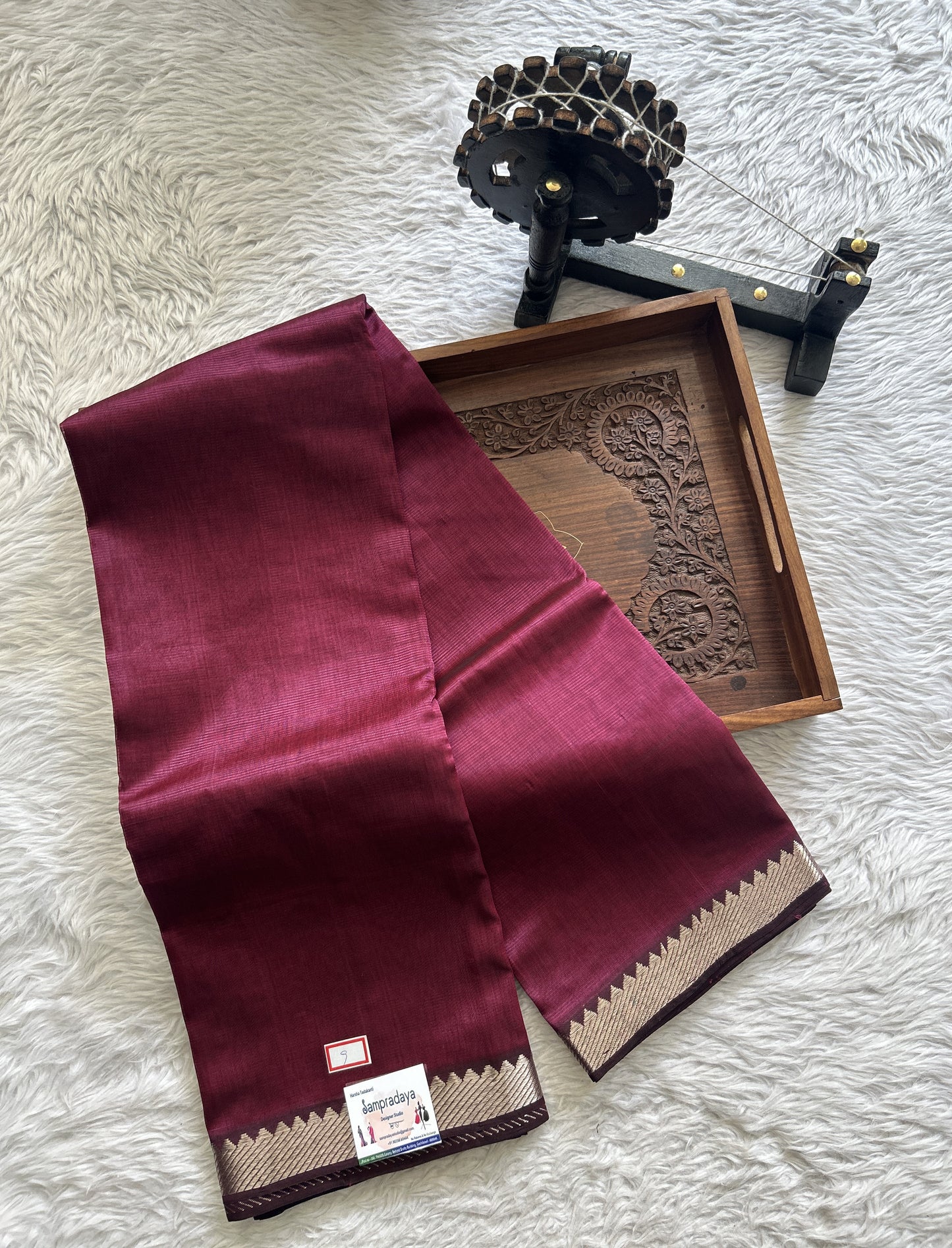 Mangalagiri Plain Pattu Saree Wine colored complemented with a Zari Border - Sampradaya Designer Studio