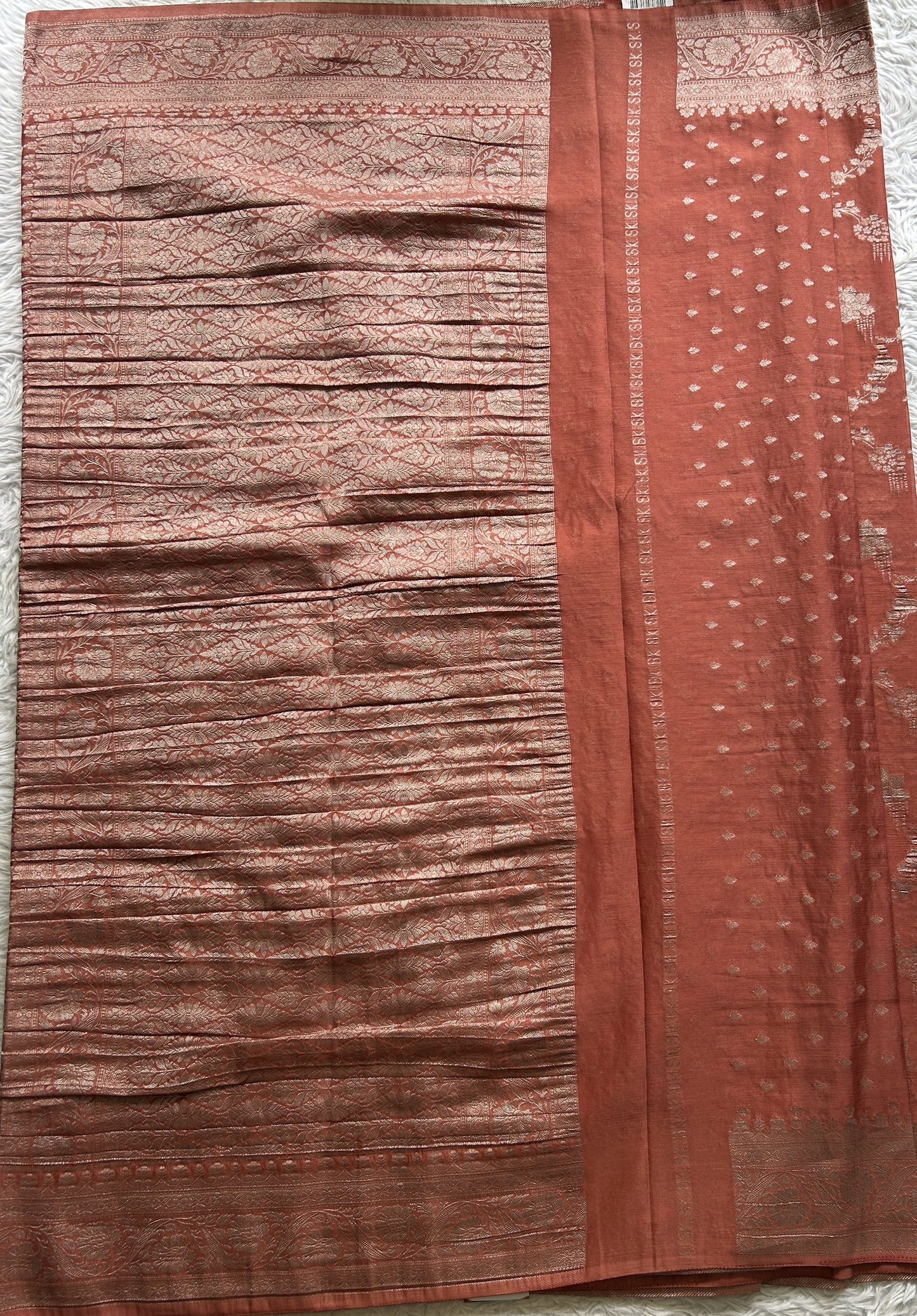 Semi Georgette Saree Dark Peach Colored Elegantly Paired with a Zari Border. - Sampradaya Designer Studio
