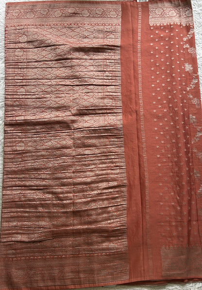 Semi Georgette Saree Dark Peach Colored Elegantly Paired with a Zari Border. - Sampradaya Designer Studio