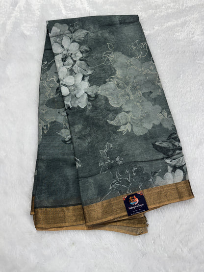 Pure Chiniya Silk Saree Gray Colored Elegantly Paired with a Gold Zari Border.