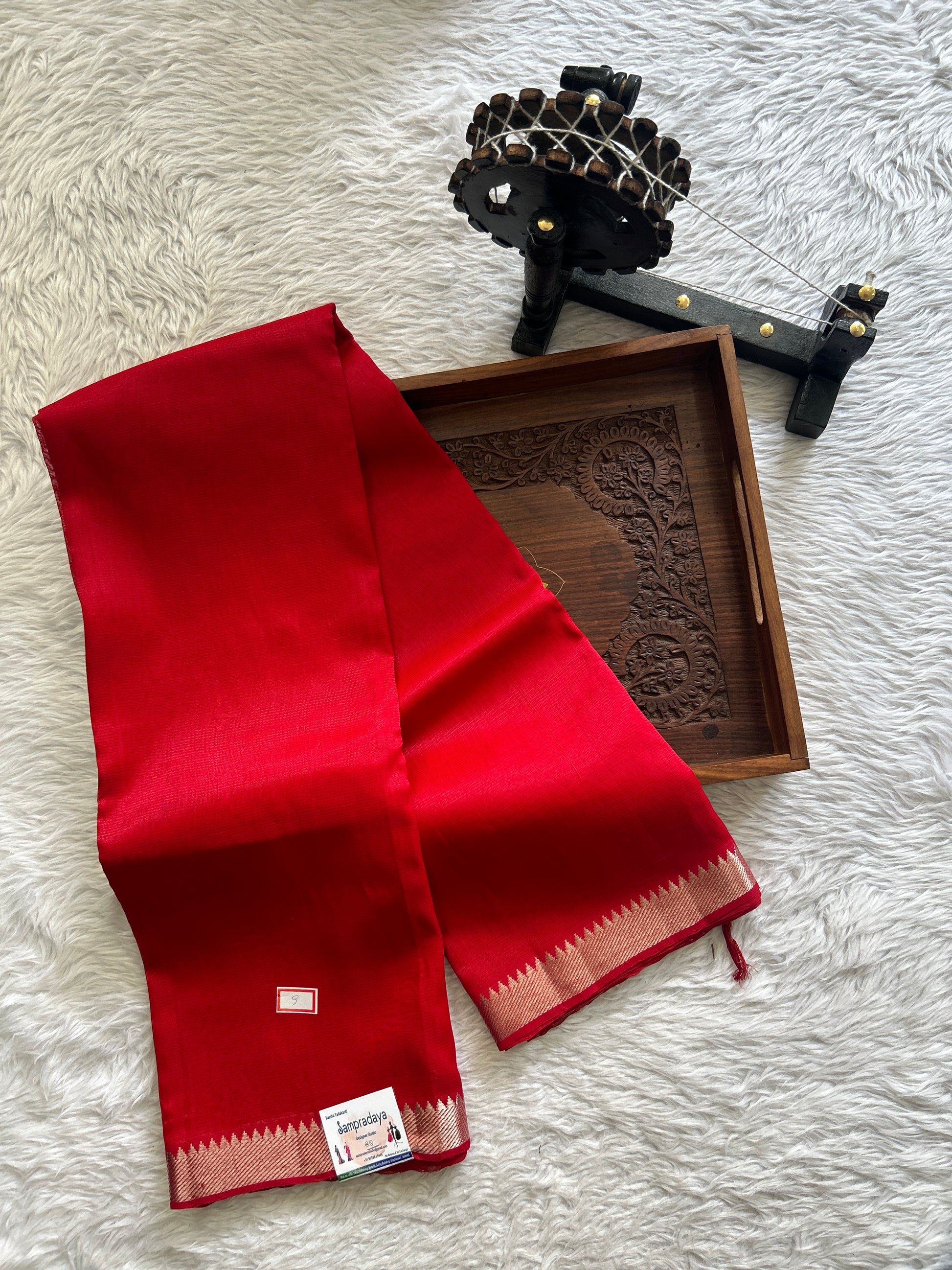 Mangalagiri Plain Pattu Saree Red colored complemented with a Zari Border - Sampradaya Designer Studio
