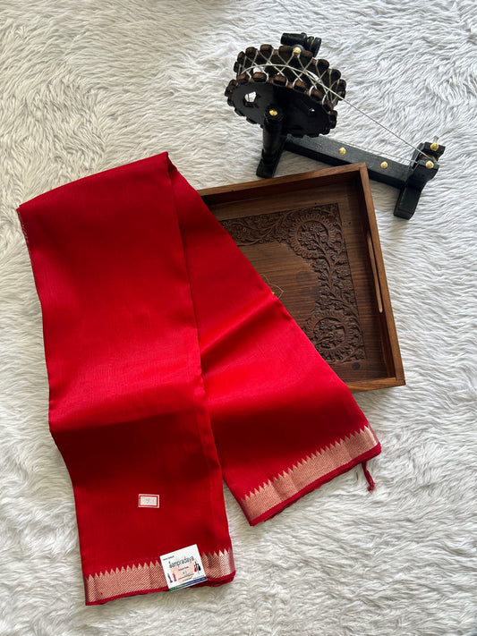 Mangalagiri Plain Pattu Saree Red colored complemented with a Zari Border - Sampradaya Designer Studio