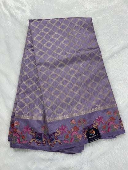 Pure Chiniya Silk Saree Lavender Colored Elegantly Paired with a Gold Zari Border