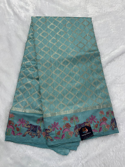 Pure Chiniya Silk Saree Sea Green Colored Elegantly Paired with a Gold Zari Border