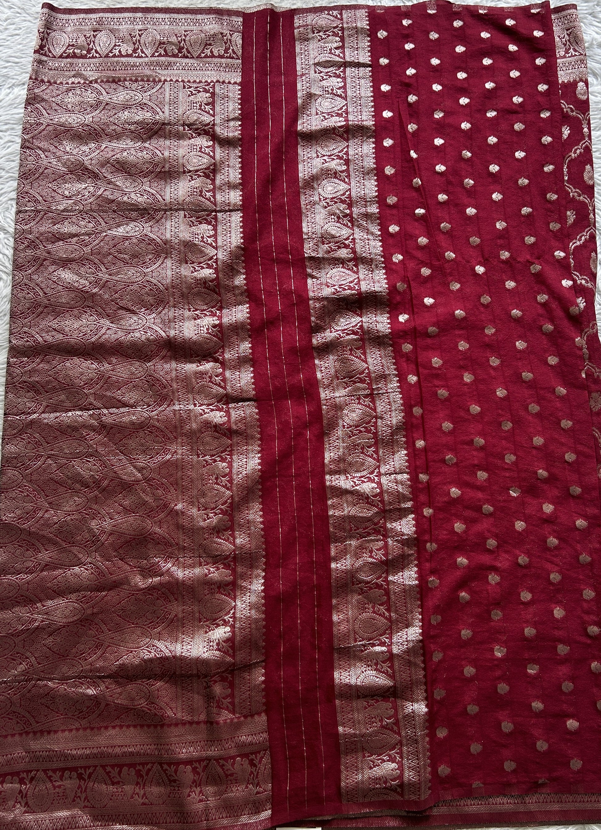 Semi Georgette Saree Maroon Colored Elegantly Paired with a Zari Border. - Sampradaya Designer Studio