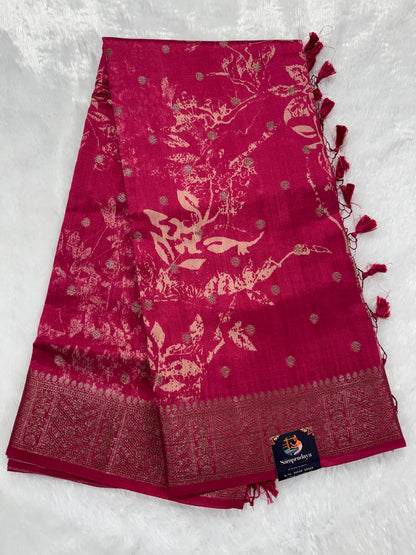 Pure Chiniya Silk Saree Pink Colored Elegantly Paired with a Gold Zari Border.