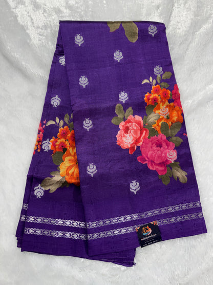 Pure Chiniya Silk Saree Purple Colored Elegantly Paired with a Gold Zari Border.