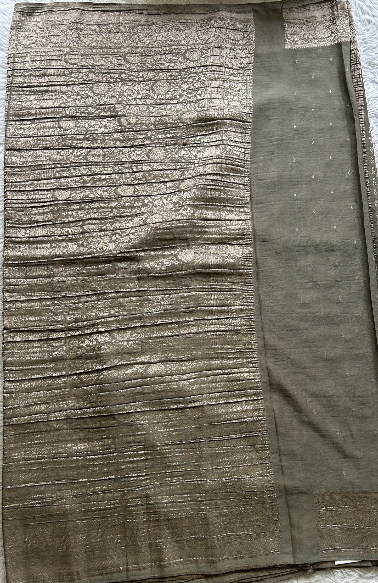 Semi Georgette Saree Gray Colored Elegantly Paired with a Zari Border. - Sampradaya Designer Studio