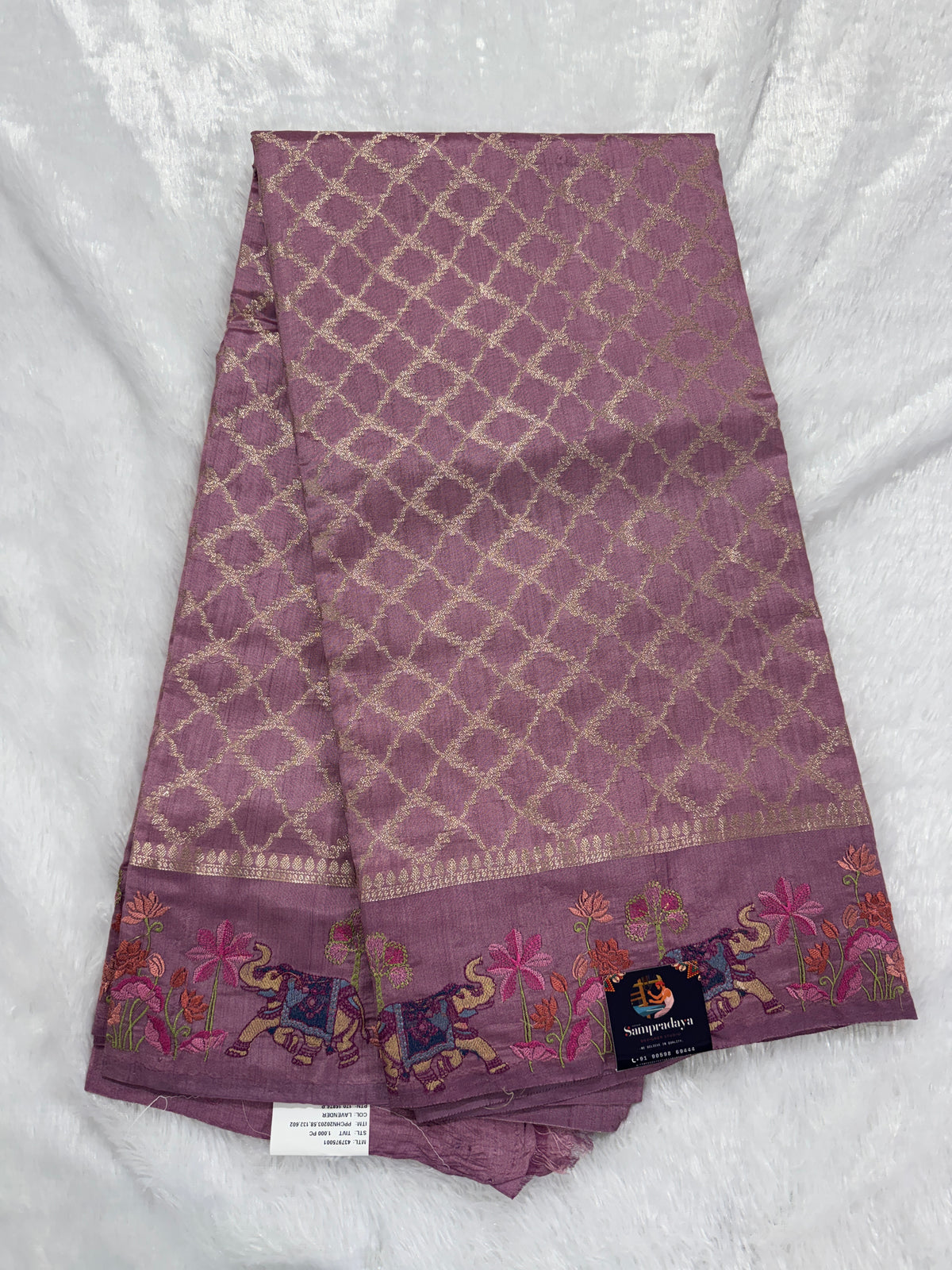 Pure Chiniya Silk Saree Mauve Colored Elegantly Paired with a Gold Zari Border