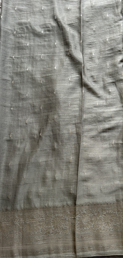 Semi Georgette Saree Gray Colored Elegantly Paired with a Zari Border. - Sampradaya Designer Studio