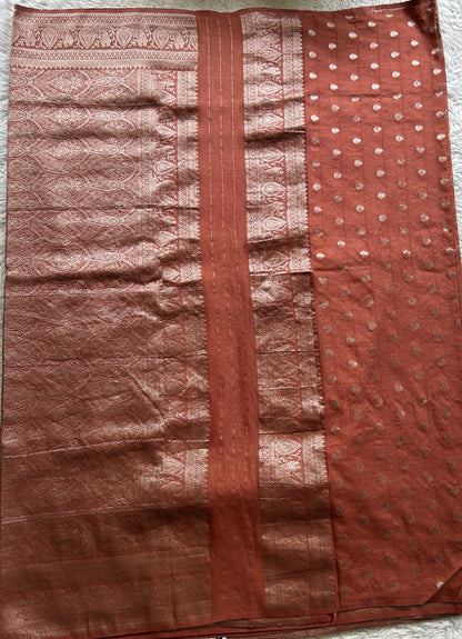 Semi Georgette Saree Rust Colored Elegantly Paired with a Zari Border. - Sampradaya Designer Studio