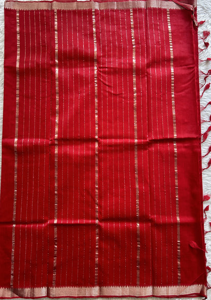 Mangalagiri Plain Pattu Saree Red colored complemented with a Zari Border - Sampradaya Designer Studio