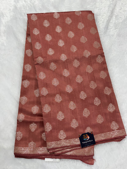 Pure Chiniya Silk Saree Peach Colored Elegantly Paired with a Gold Zari Border