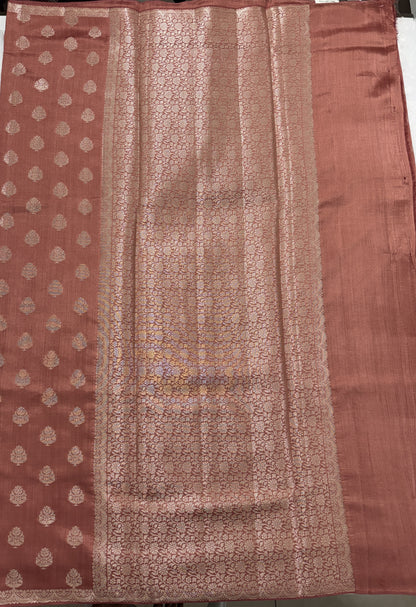 Pure Chiniya Silk Saree Peach Colored Elegantly Paired with a Gold Zari Border