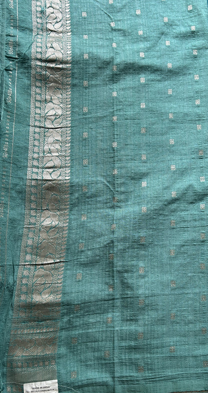 Semi Georgette Saree Sea Blue Colored Elegantly Paired with a Zari Border. - Sampradaya Designer Studio