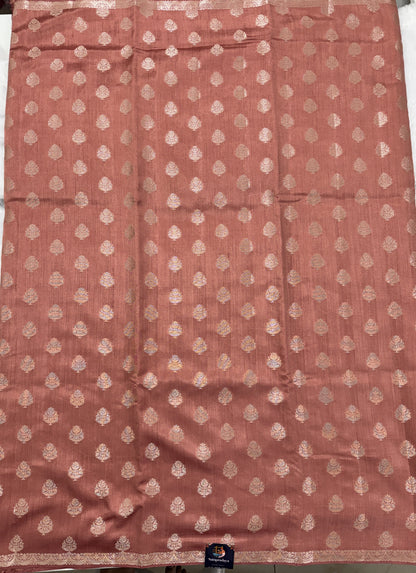 Pure Chiniya Silk Saree Peach Colored Elegantly Paired with a Gold Zari Border