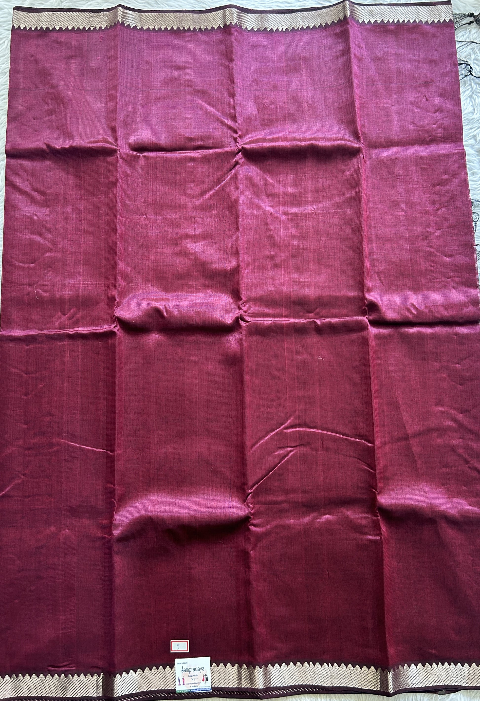 Mangalagiri Plain Pattu Saree Wine colored complemented with a Zari Border - Sampradaya Designer Studio