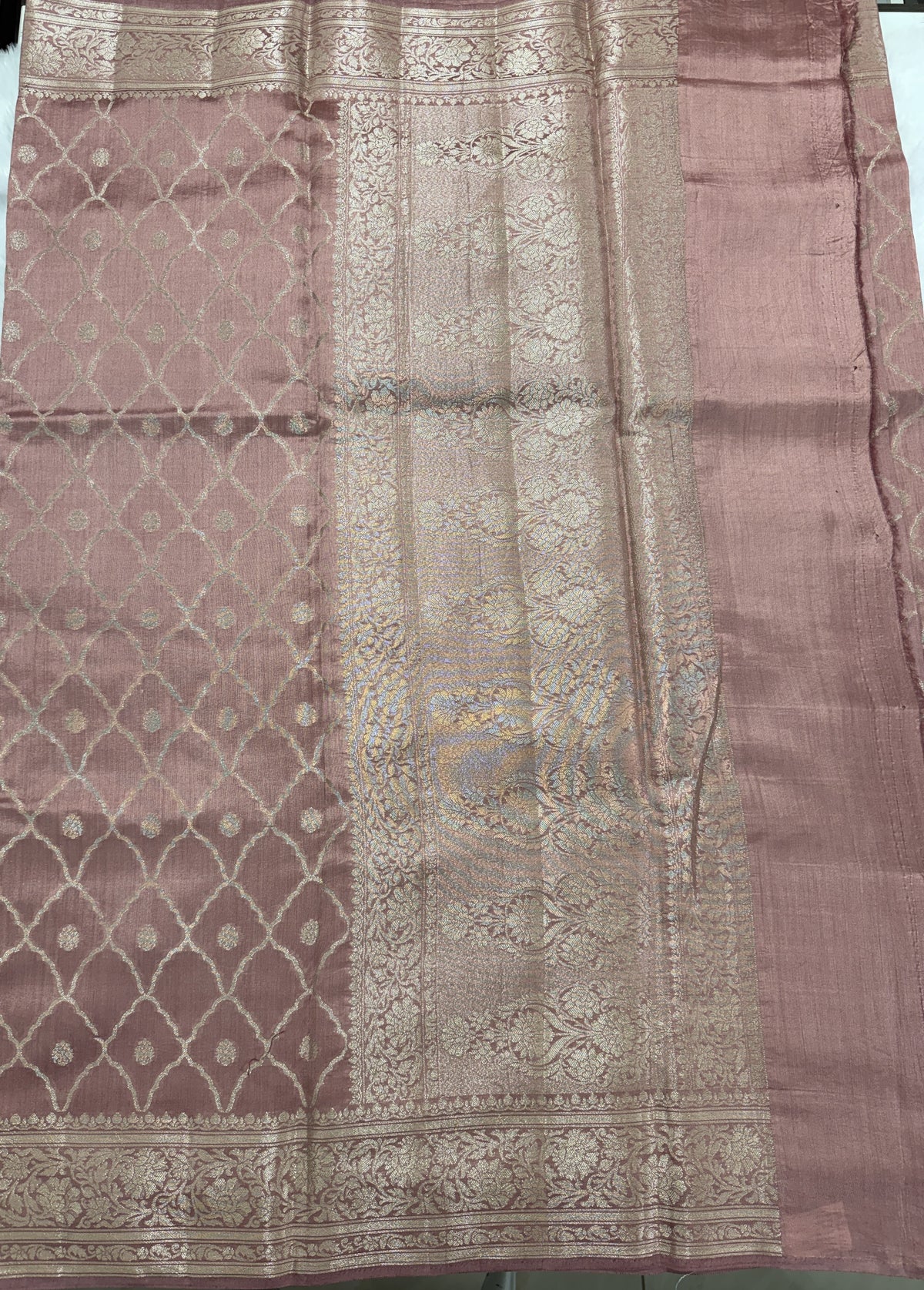 Pure Chiniya Silk Saree Peach Colored Elegantly Paired with a Gold Zari Border