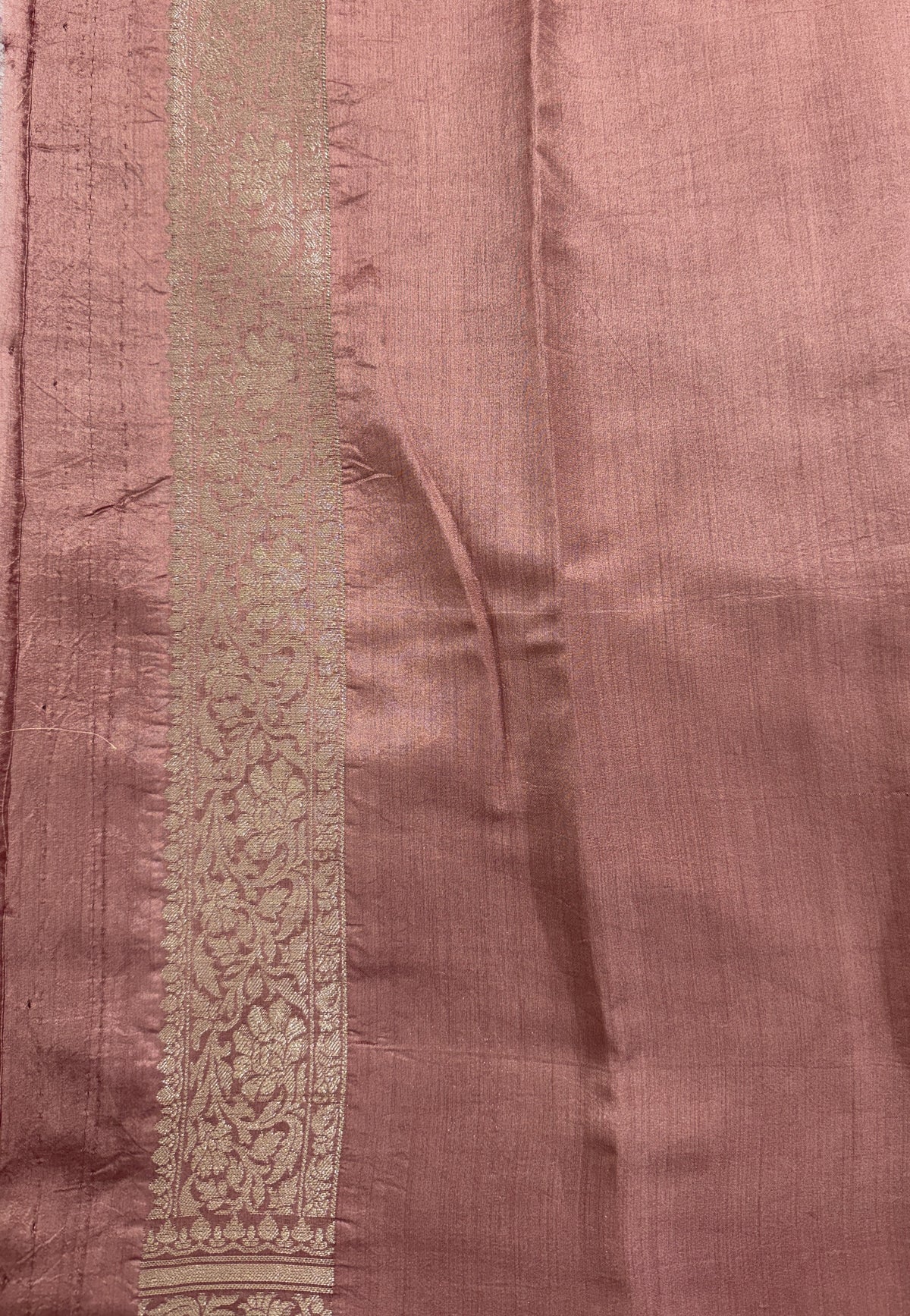 Pure Chiniya Silk Saree Peach Colored Elegantly Paired with a Gold Zari Border