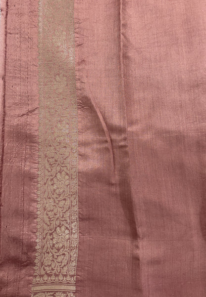 Pure Chiniya Silk Saree Peach Colored Elegantly Paired with a Gold Zari Border