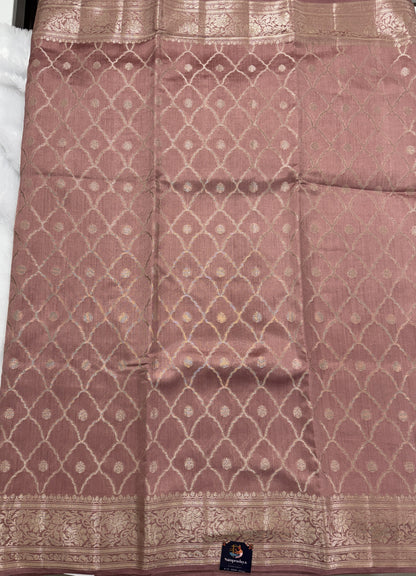 Pure Chiniya Silk Saree Peach Colored Elegantly Paired with a Gold Zari Border