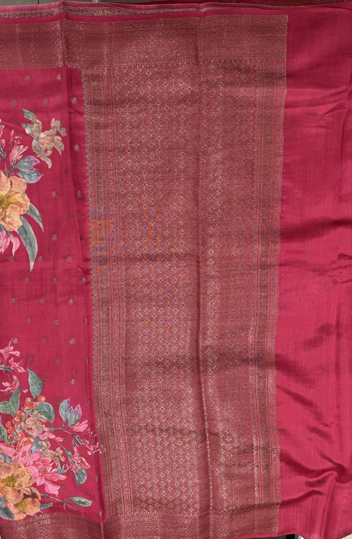 Pure Chiniya Silk Saree Pink Colored Elegantly Paired with a Gold Zari Border.