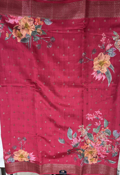 Pure Chiniya Silk Saree Pink Colored Elegantly Paired with a Gold Zari Border.