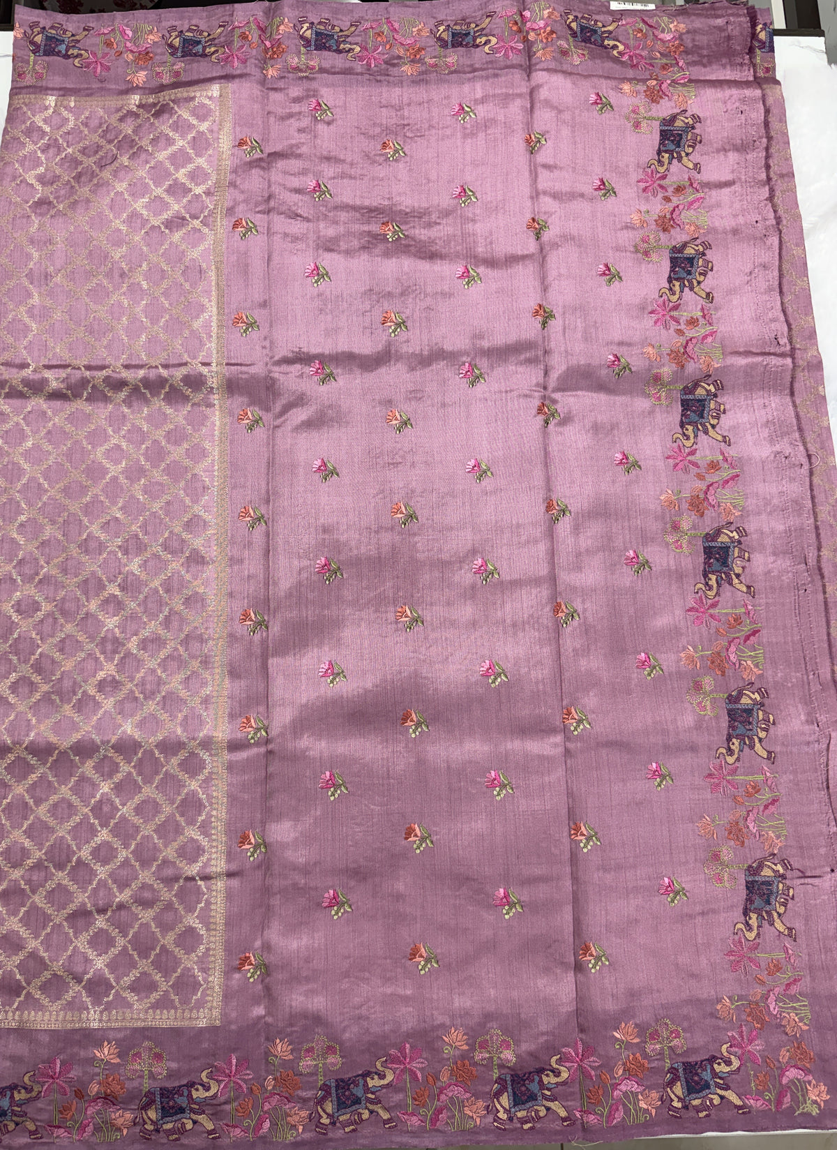 Pure Chiniya Silk Saree Mauve Colored Elegantly Paired with a Gold Zari Border