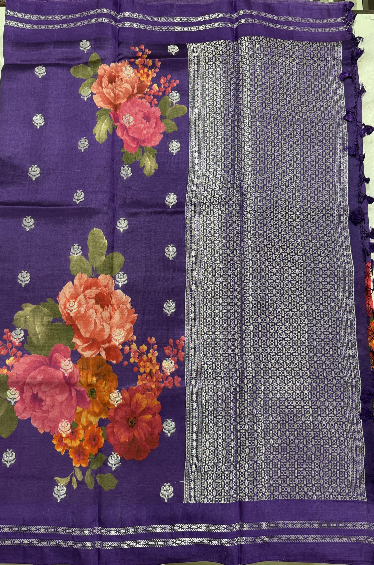 Pure Chiniya Silk Saree Purple Colored Elegantly Paired with a Gold Zari Border.