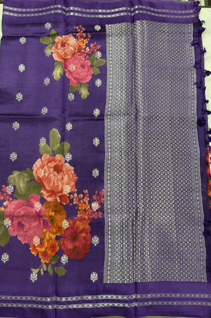 Pure Chiniya Silk Saree Purple Colored Elegantly Paired with a Gold Zari Border.