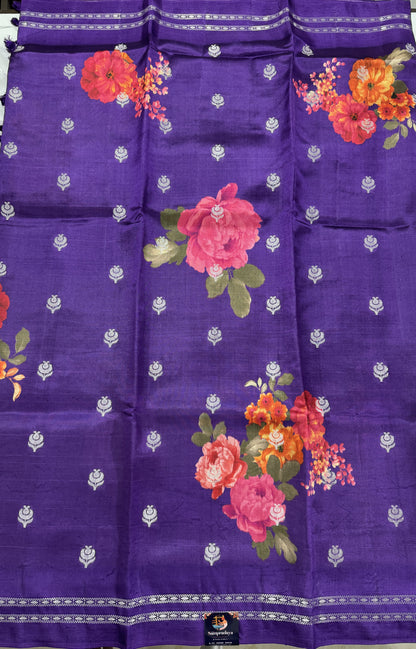 Pure Chiniya Silk Saree Purple Colored Elegantly Paired with a Gold Zari Border.