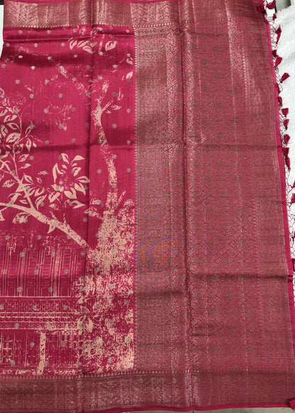 Pure Chiniya Silk Saree Pink Colored Elegantly Paired with a Gold Zari Border.