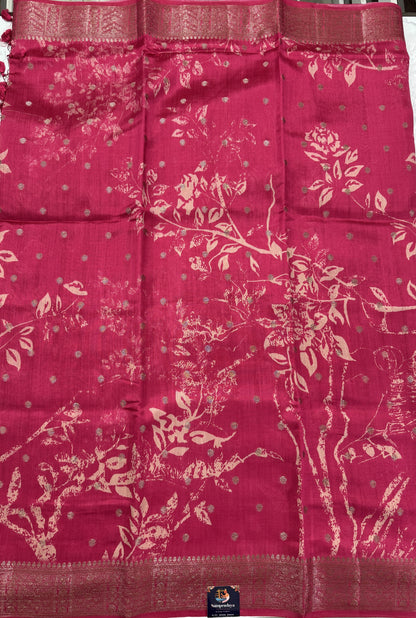 Pure Chiniya Silk Saree Pink Colored Elegantly Paired with a Gold Zari Border.