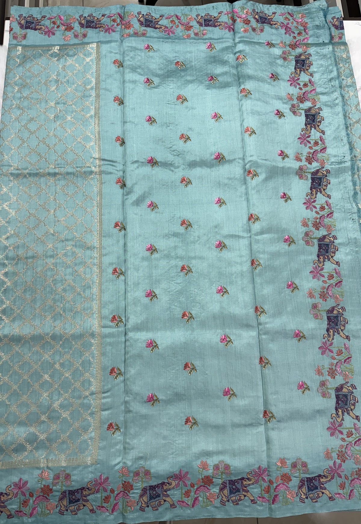 Pure Chiniya Silk Saree Sea Green Colored Elegantly Paired with a Gold Zari Border