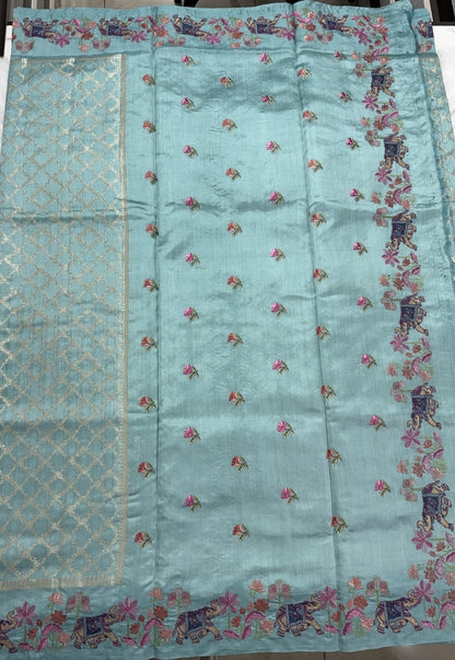 Pure Chiniya Silk Saree Sea Green Colored Elegantly Paired with a Gold Zari Border