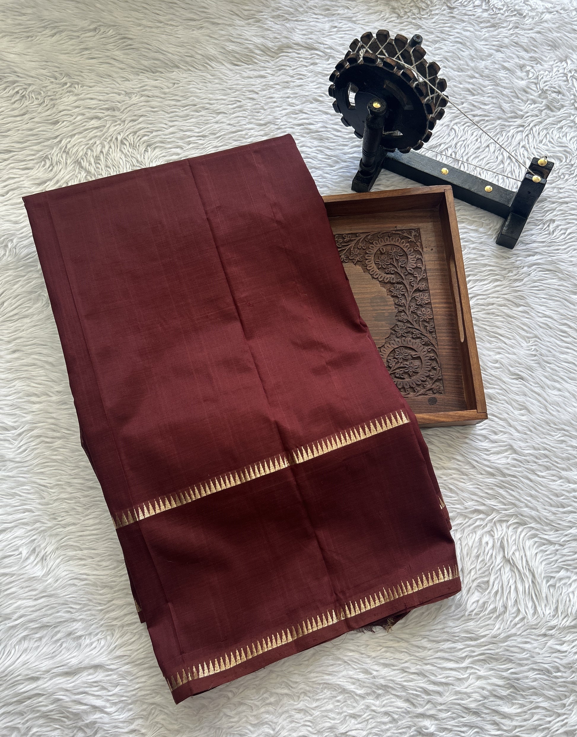 Mangalagiri Plain Pattu Saree Brown colored complemented with a mangalagiri Gap Border - Sampradaya Designer Studio